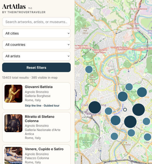ArtAtlas map interface showing geolocated artworks