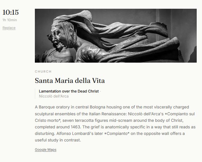 A Flaneur itinerary in Bologna: the Compianto by Niccol&ograve; dell'Arca at Santa Maria della Vita, anchoring a wider art itinerary across the city.