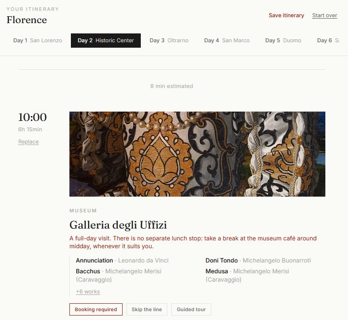 An example Flaneur itinerary day, shown for Florence: a full-day Galleria degli Uffizi stop with selected works, timed and sequenced for the visit.