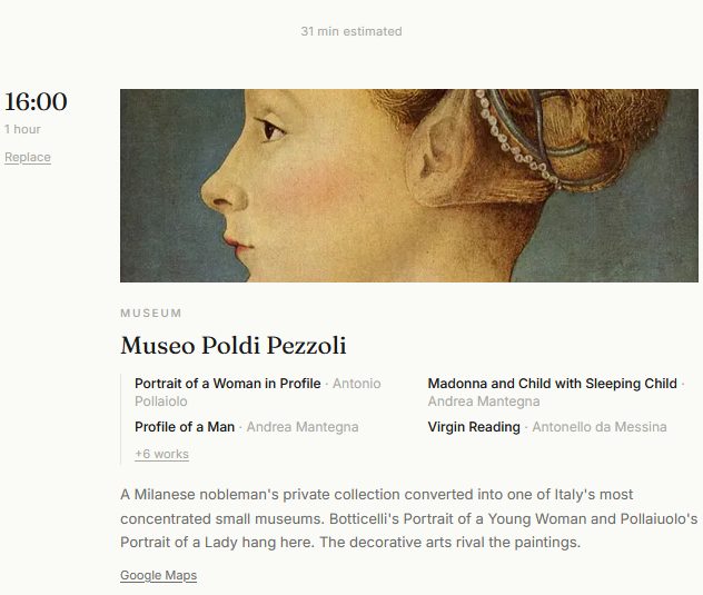 A Flaneur itinerary day in Milan: a timed stop at the Museo Poldi Pezzoli, with works by Pollaiolo, Mantegna and Antonello da Messina, sequenced for the visit.