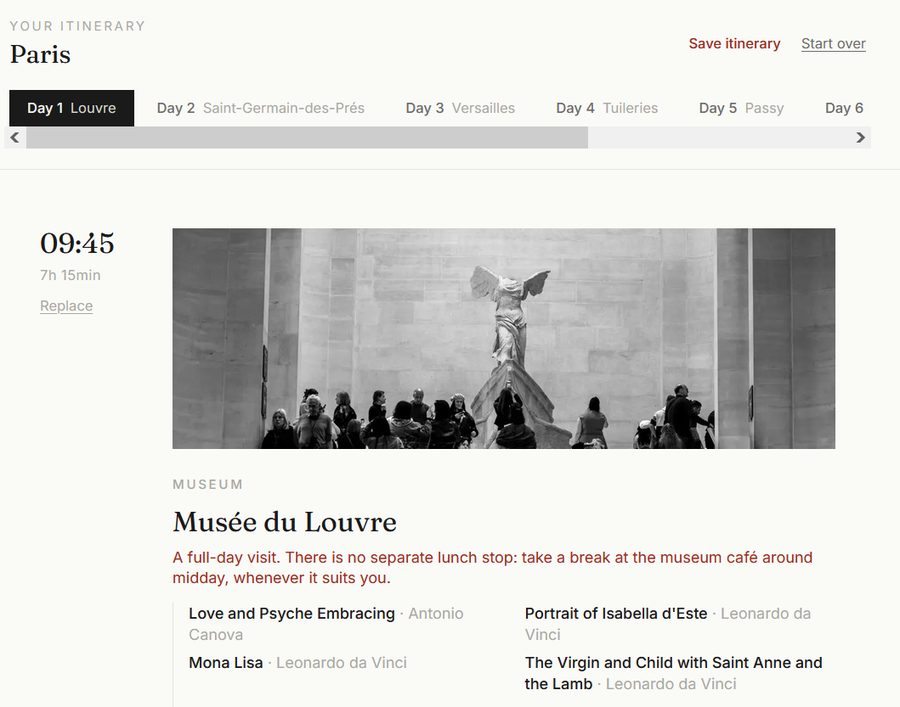 A Flaneur itinerary in Paris: the Louvre anchoring a wider art itinerary across the city, timed and sequenced for the visit.