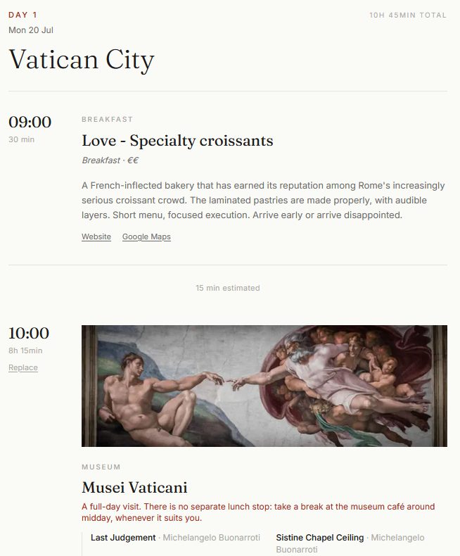 A Flaneur itinerary in Rome: a timed Vatican Museums slot ending under the Sistine ceiling, anchoring a wider art itinerary across the city.