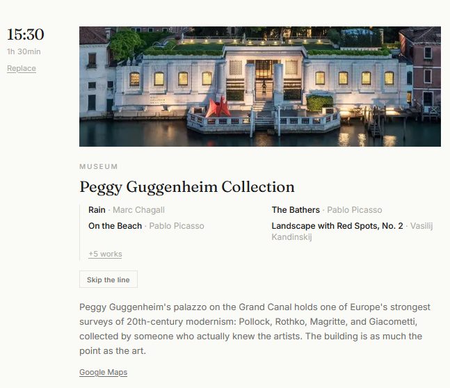A Flaneur itinerary in Venice: a stop at the Peggy Guggenheim Collection, anchoring a wider art itinerary across the city.