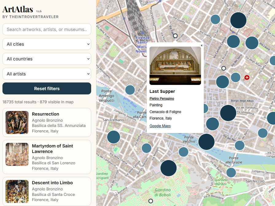 ArtAtlas interactive map showing geolocated artworks in Florence